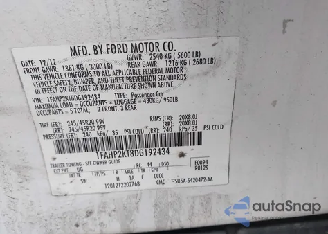 2013 Ford Taurus Sho z USA, uszkodzony, nr VIN 1FAHP2KT8DG192434